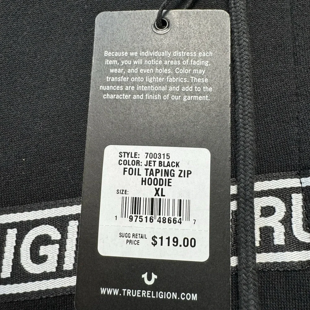 True Religion Full Zip Hoodie Mens XL Jet Black Foil Taping Gold Logo 700315 New